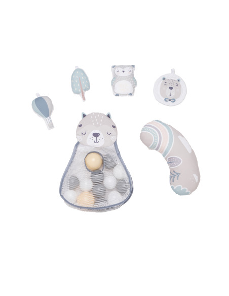 MoMi PASTEL 3w1  mata edukacyjna, kojec, basen z piłkami