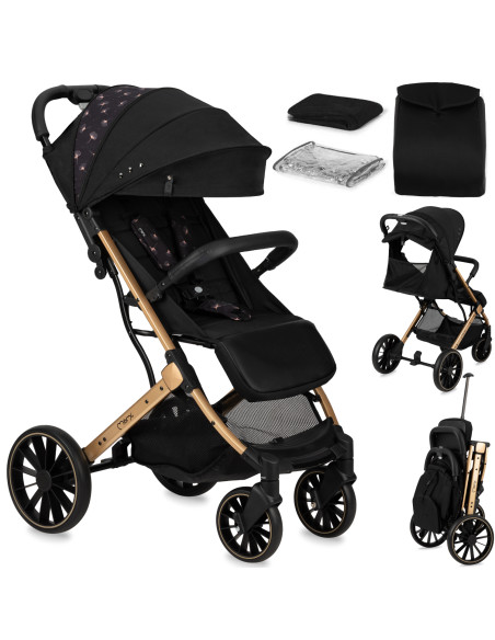 MoMi ESTELLE DAKAR  wózek spacerowy z kompletem akcesoriów w zestawie! CZARNO-ZŁOTY