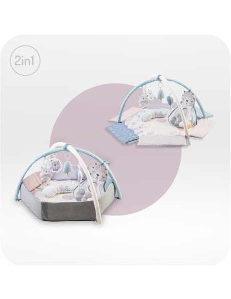 MoMi PASTEL 3w1  mata edukacyjna, kojec, basen z piłkami